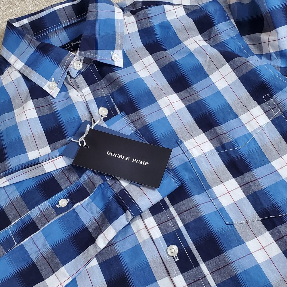 Double Pump Men's Button Down Shirt Size‎ M Blue Plaid Long Sleeve NWTGS